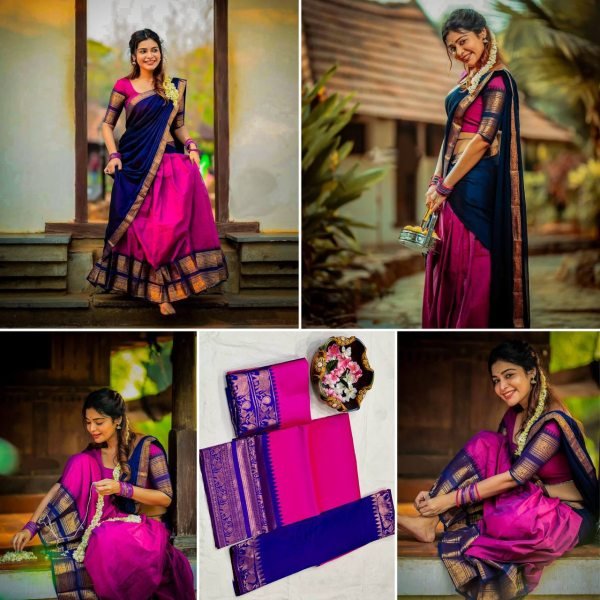 Stunning Rani Pink Kanjivaram Silk Half Saree with Banarasi Silk Zari Weaving  Half Saree Lehenga