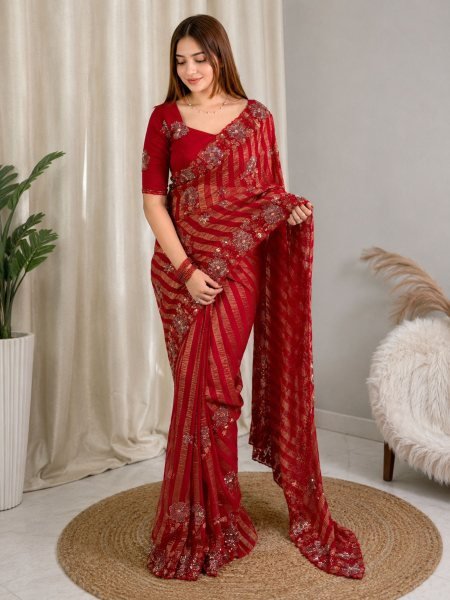 Stunning Red Alfino Chiffon Saree with Heavy Sequins Beads Work and Georgette Blouse Sarees 