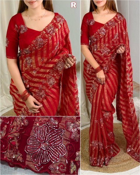 Stunning Red Alfino Chiffon Saree with Heavy Sequins Beads Work and Georgette Blouse Pure Chiffon Sarees Wholesale