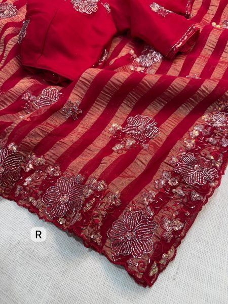 Stunning Red Alfino Chiffon Saree with Heavy Sequins Beads Work and Georgette Blouse Pure Chiffon Sarees Wholesale