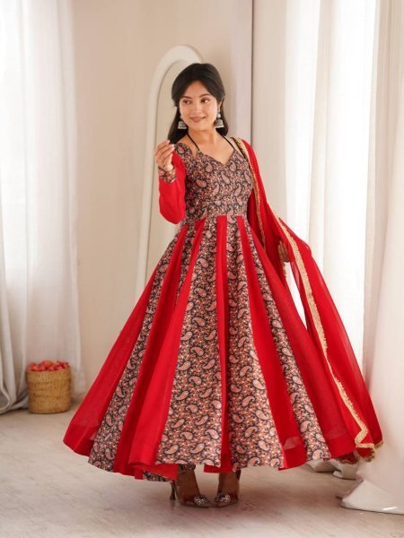 Stunning Red Blooming Georgette Gown with Embroidered Mulberry Work Ready To Wear Suit