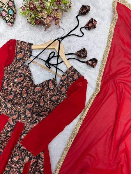 Stunning Red Blooming Georgette Gown with Embroidered Mulberry Work Ready To Wear Collection