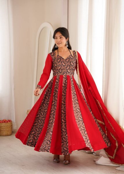 Stunning Red Blooming Georgette Gown with Embroidered Mulberry Work Ready To Wear Collection