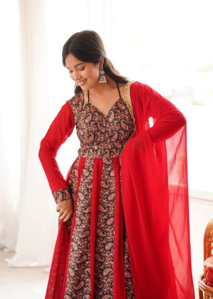 Stunning Red Blooming Georgette Gown with Embroidered Mulberry Work Ready To Wear Collection