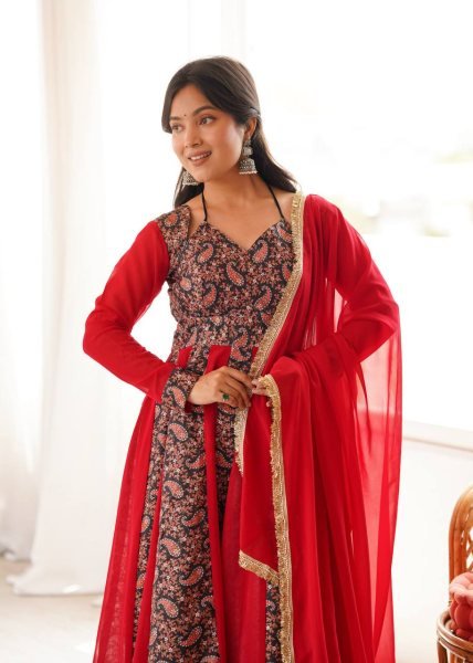 Stunning Red Blooming Georgette Gown with Embroidered Mulberry Work Ready To Wear Collection