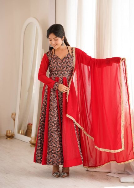Stunning Red Blooming Georgette Gown with Embroidered Mulberry Work Ready To Wear Collection