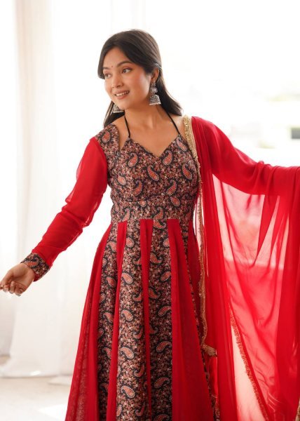 Stunning Red Blooming Georgette Gown with Embroidered Mulberry Work Ready To Wear Collection
