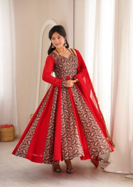 Stunning Red Blooming Georgette Gown with Embroidered Mulberry Work Ready To Wear Collection