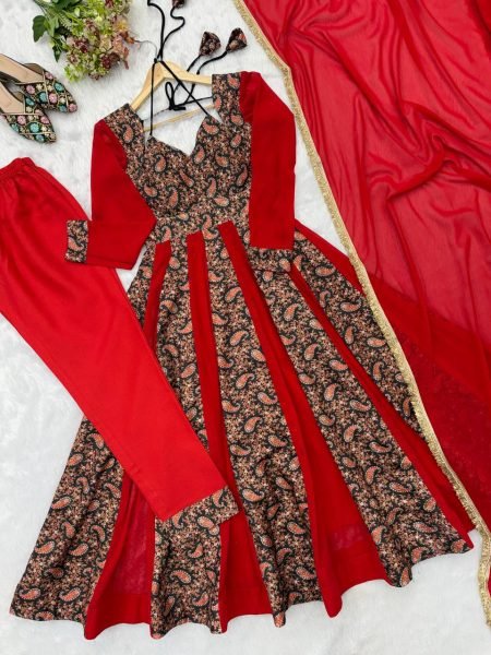 Stunning Red Blooming Georgette Gown with Embroidered Mulberry Work Ready To Wear Collection