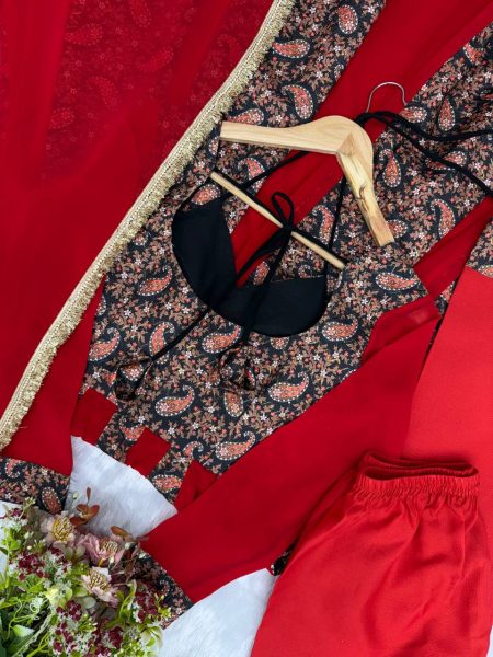 Stunning Red Blooming Georgette Gown with Embroidered Mulberry Work Ready To Wear Collection