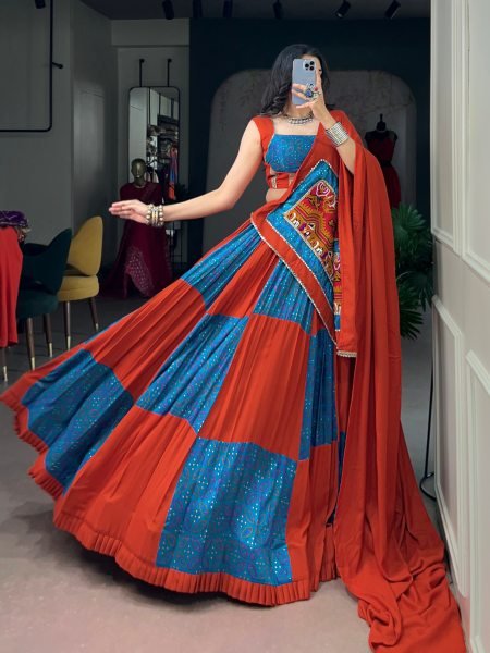 Stunning Red Blue Rayon Tasar Silk Lehenga Choli with Gamthi and Mirror Work Navratri Lehnega Choli