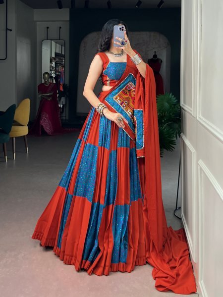 Stunning Red Blue Rayon Tasar Silk Lehenga Choli with Gamthi and Mirror Work Navratri Lehnega Choli
