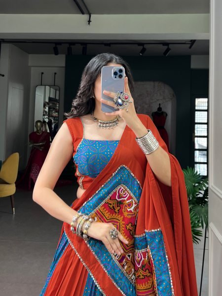 Stunning Red Blue Rayon Tasar Silk Lehenga Choli with Gamthi and Mirror Work Navratri Lehnega Choli