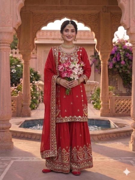 Stunning Red Chinon Silk Sharara Suit with Embroidery Work For Wedding 