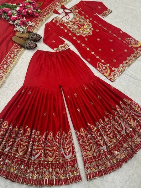 Stunning Red Chinon Silk Sharara Suit with Embroidery Work For Wedding Ready To Wear Collection