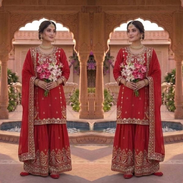 Stunning Red Chinon Silk Sharara Suit with Embroidery Work For Wedding Ready To Wear Collection