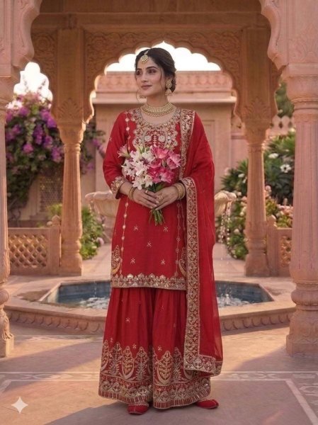 Stunning Red Chinon Silk Sharara Suit with Embroidery Work For Wedding Ready To Wear Collection