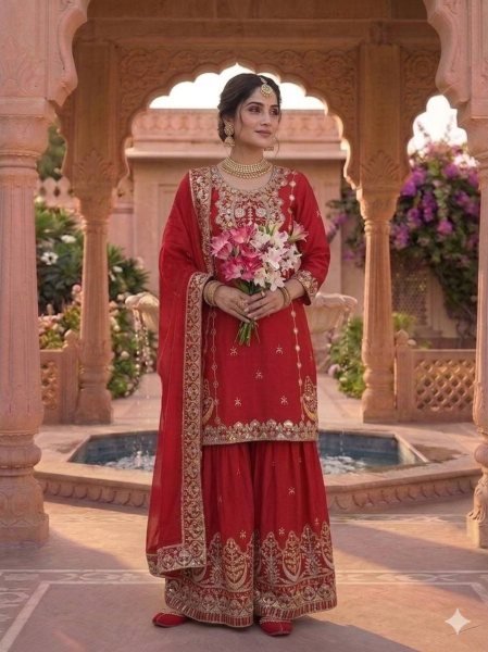 Stunning Red Chinon Silk Sharara Suit with Embroidery Work For Wedding Ready To Wear Collection