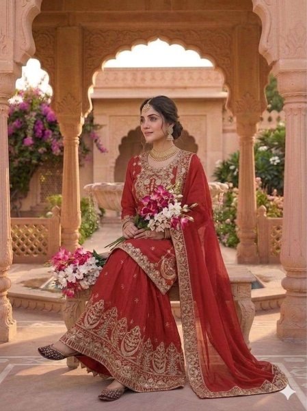 Stunning Red Chinon Silk Sharara Suit with Embroidery Work For Wedding Ready To Wear Collection