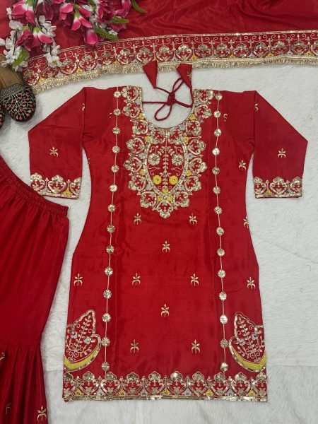 Stunning Red Chinon Silk Sharara Suit with Embroidery Work For Wedding Ready To Wear Collection