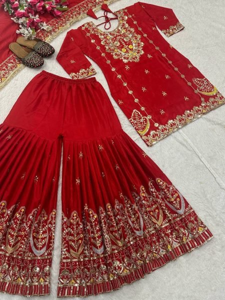 Stunning Red Chinon Silk Sharara Suit with Embroidery Work For Wedding Ready To Wear Collection
