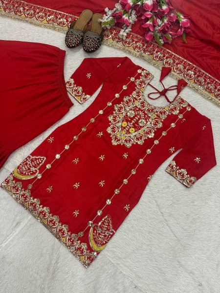 Stunning Red Chinon Silk Sharara Suit with Embroidery Work For Wedding Ready To Wear Collection