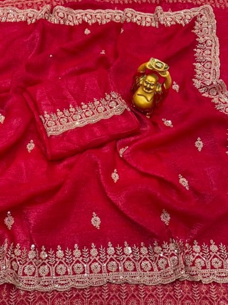 Stunning Red Crunchy Saree with Embroidered Blouse Piece at Direct Mill Price 