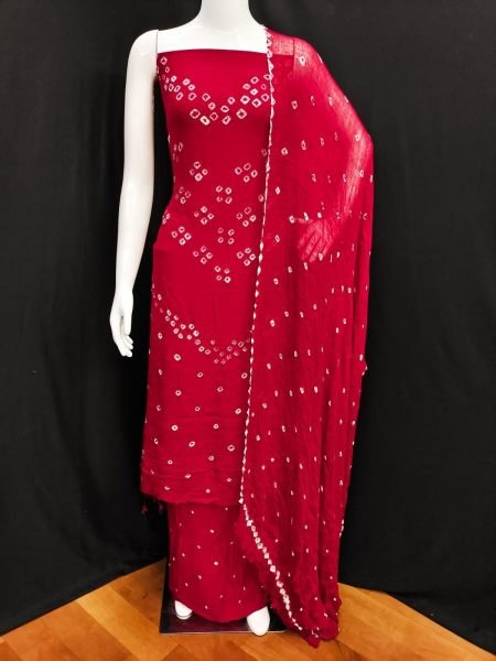 Stunning Red Designer Pure Rayon Hand Bandhej 3 Piece Dress Material Set at Wholesale Price Dress Material 