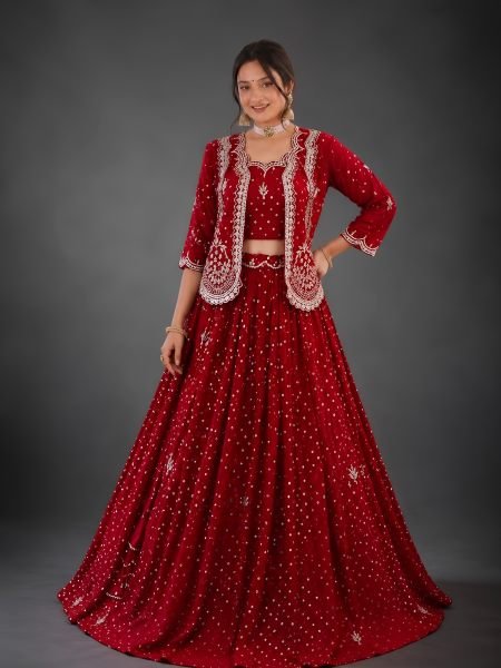 Stunning Red Designer Vichitra Silk Lehenga Choli with Embroidered Jacket 