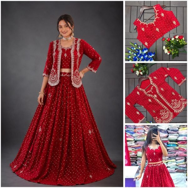 Stunning Red Designer Vichitra Silk Lehenga Choli with Embroidered Jacket Designer Lehenga Choli