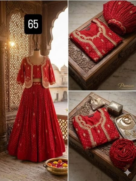 Stunning Red Designer Vichitra Silk Lehenga Choli with Embroidered Jacket Designer Lehenga Choli