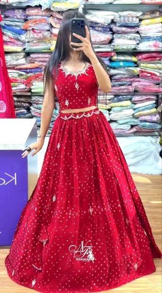 Stunning Red Designer Vichitra Silk Lehenga Choli with Embroidered Jacket Designer Lehenga Choli