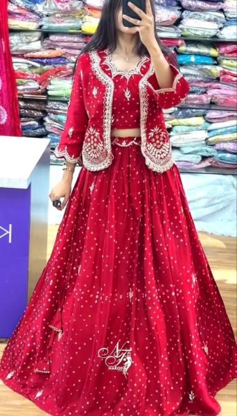 Stunning Red Designer Vichitra Silk Lehenga Choli with Embroidered Jacket Designer Lehenga Choli