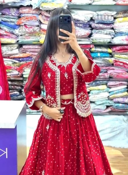Stunning Red Designer Vichitra Silk Lehenga Choli with Embroidered Jacket Designer Lehenga Choli
