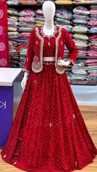 Stunning Red Designer Vichitra Silk Lehenga Choli with Embroidered Jacket Designer Lehenga Choli