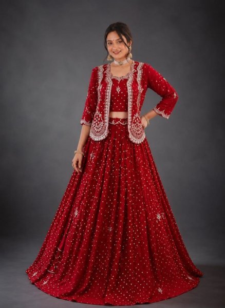 Stunning Red Designer Vichitra Silk Lehenga Choli with Embroidered Jacket Designer Lehenga Choli
