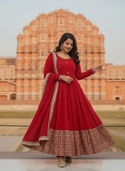 Stunning Red  Faux Georgette Anarkali with  Heavy Sequins Embroidery with Fancy Lace Dupatta for Party Wear   Anarkali Kurtis 