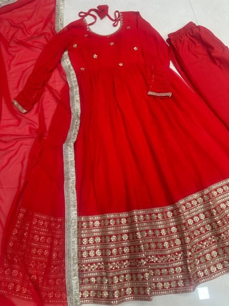 Stunning Red  Faux Georgette Anarkali with  Heavy Sequins Embroidery with Fancy Lace Dupatta for Party Wear   Anarkali Kurtis 