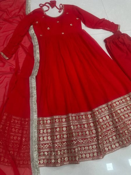Stunning Red  Faux Georgette Anarkali with  Heavy Sequins Embroidery with Fancy Lace Dupatta for Party Wear   Anarkali Kurtis 