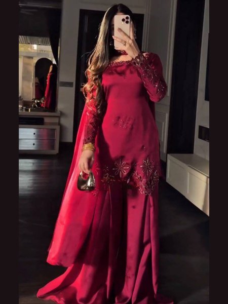 Stunning Red Fendy Silk Suit Set with Heavy Thread Sequins Work and Matching Dupatta Ready To Wear Suit