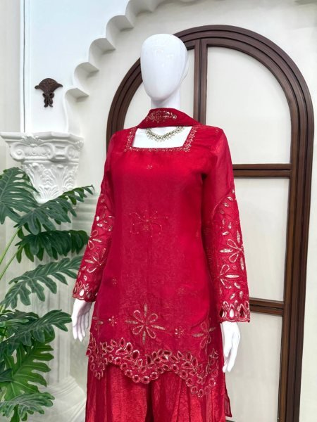 Stunning Red Fendy Silk Suit Set with Heavy Thread Sequins Work and Matching Dupatta Ready To Wear Collection