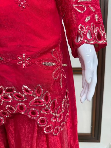 Stunning Red Fendy Silk Suit Set with Heavy Thread Sequins Work and Matching Dupatta Ready To Wear Collection