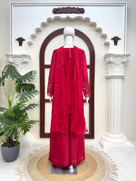 Stunning Red Fendy Silk Suit Set with Heavy Thread Sequins Work and Matching Dupatta Ready To Wear Collection