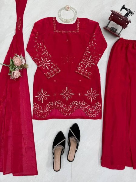 Stunning Red Fendy Silk Suit Set with Heavy Thread Sequins Work and Matching Dupatta Ready To Wear Collection