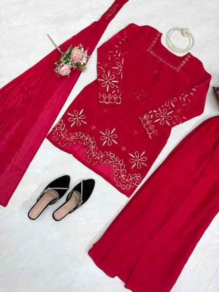 Stunning Red Fendy Silk Suit Set with Heavy Thread Sequins Work and Matching Dupatta Ready To Wear Collection