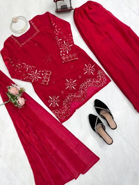 Stunning Red Fendy Silk Suit Set with Heavy Thread Sequins Work and Matching Dupatta Ready To Wear Collection