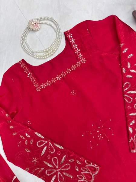 Stunning Red Fendy Silk Suit Set with Heavy Thread Sequins Work and Matching Dupatta Ready To Wear Collection