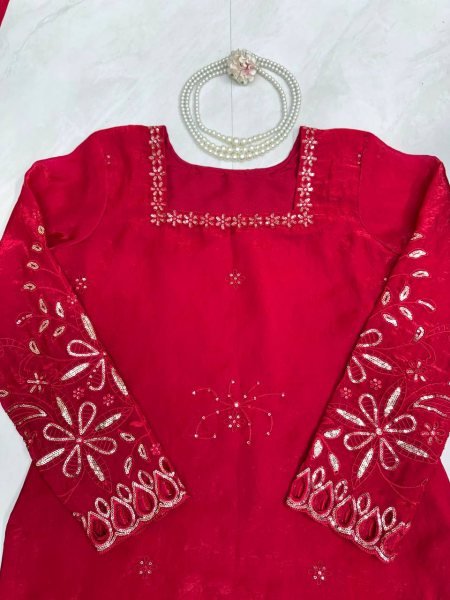 Stunning Red Fendy Silk Suit Set with Heavy Thread Sequins Work and Matching Dupatta Ready To Wear Collection