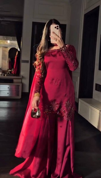 Stunning Red Fendy Silk Suit Set with Heavy Thread Sequins Work and Matching Dupatta Ready To Wear Collection