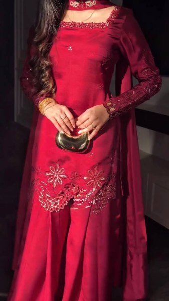 Stunning Red Fendy Silk Suit Set with Heavy Thread Sequins Work and Matching Dupatta Ready To Wear Collection